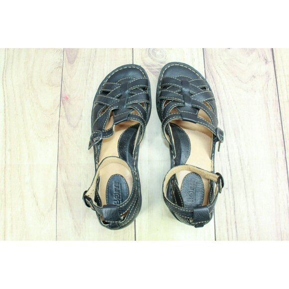 Born W 3473 Black Leather Platform Wedge Open Toe Cross Straps Buckle Size 9 - Picture 7 of 10